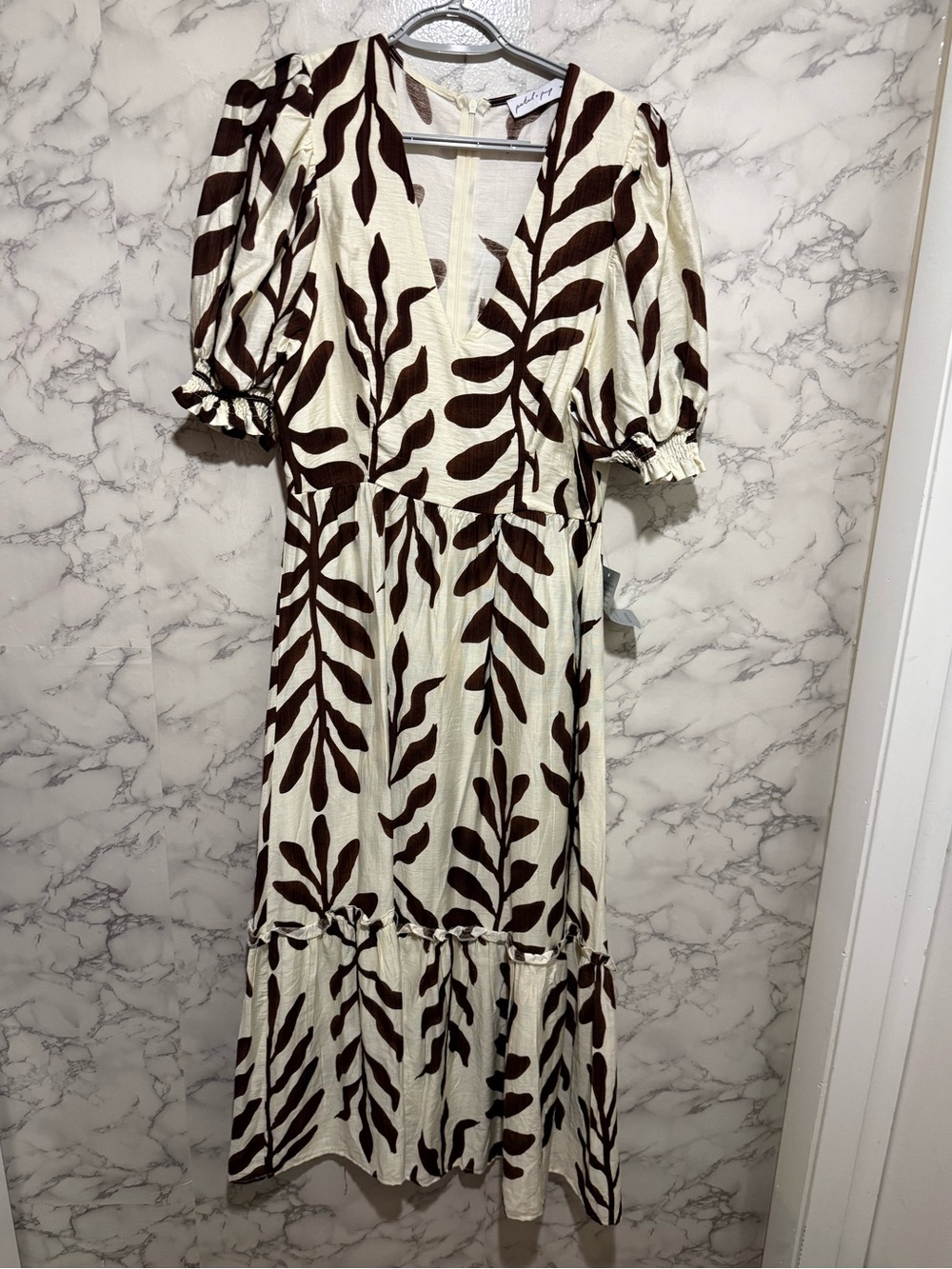 NEW Petal & Pup Steele Puff Sleeves Cream Midi Dress with Brown Leaf Print M